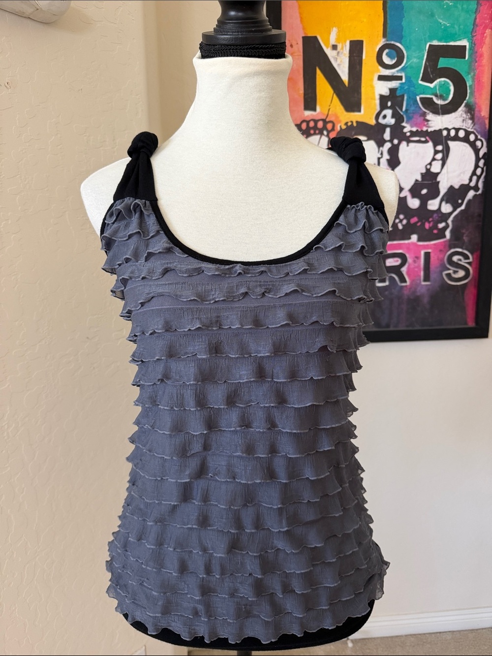 Sexy Black & Gray Ruffled Layered Sleeveless Tank Top Size Medium